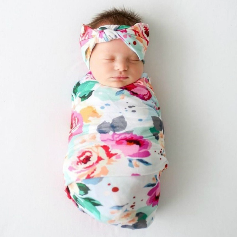 Faixa estampada floral para bebê recém-nascido, 3 pçs, cobertor, laço, conjunto infantil, anti-chute, envoltório de musselina, adereço de fotografia