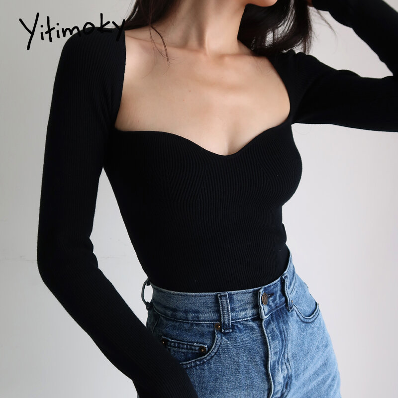 Yitimoky maglione Crop viola donna collo quadrato manica lunga Pullover lavorato a maglia autunno 2021 abbigliamento moda a righe bianco Vintage