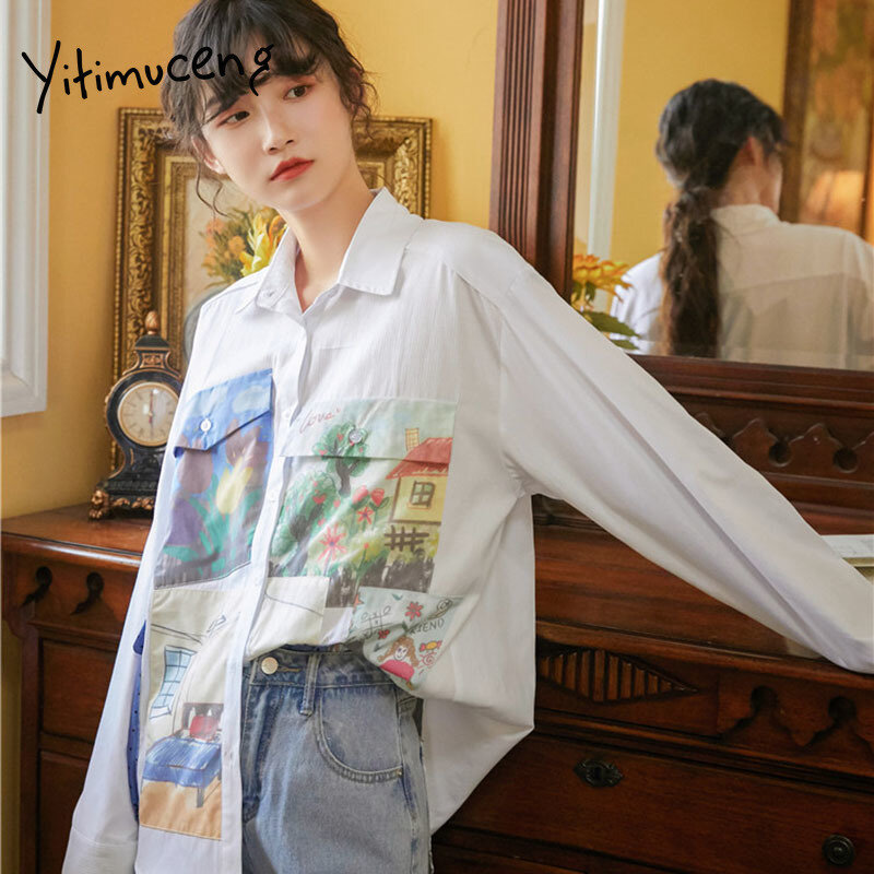 Yitimuceng طباعة بلوزة المرأة زر قميص فضفاض الربيع 2021 الكورية الجديدة طويلة الأكمام بدوره إلى أسفل طوق واحدة الصدر بلوزات غير رسمية