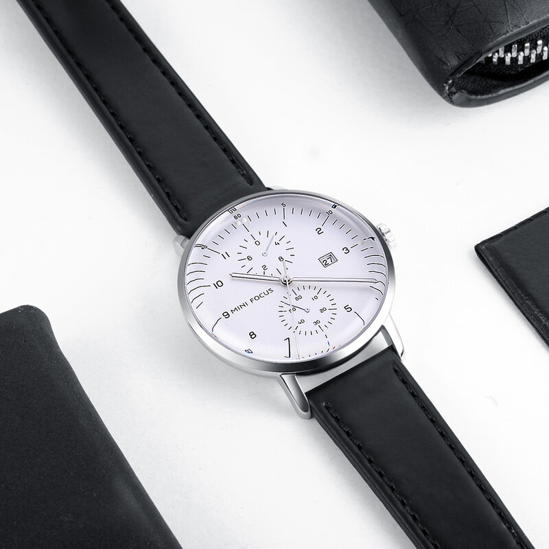 MINI FOCUS – montre-bracelet en cuir véritable marron pour hommes, horloge à Quartz, affichage automatique de la Date, classique, Business