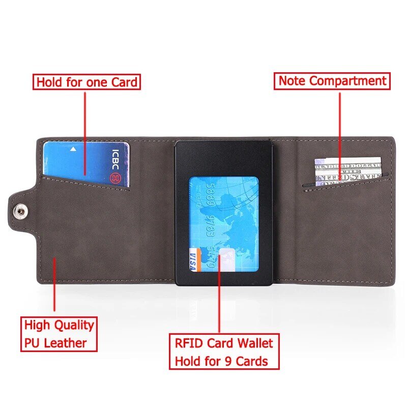 Zovyvol homens de negócios carteira feminina titular do cartão de crédito com botão de viagem carteiras rfid caixa do plutônio multifuncional caso organizador