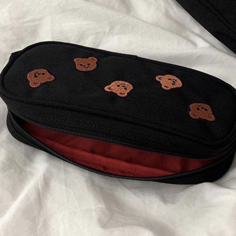 1 Pc Kawaii Bear Embroidery Canvas Pencil Bag Pen Case Kids Gift Cosmetic Stationery