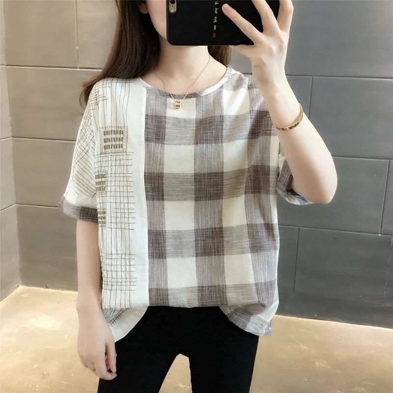 Camisa xadrez de algodão feminina, camiseta casual folgada, plus size, manga curta, verão 2021