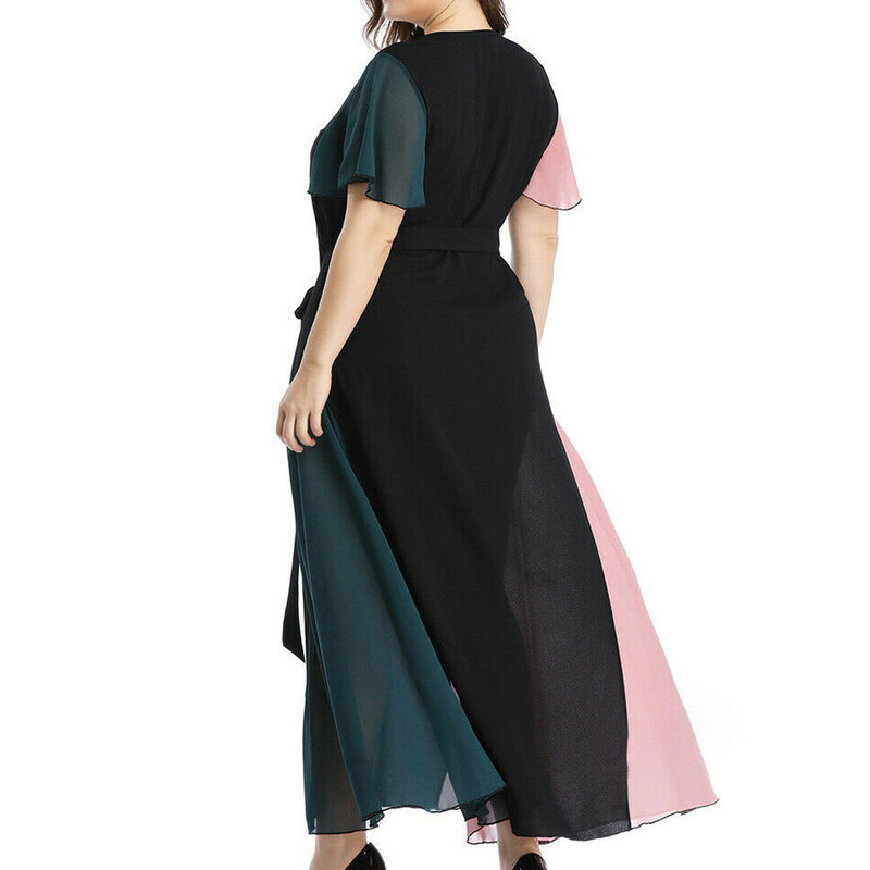 Mode Kleid Für Frauen Chiffon Plus Größe V-ausschnitt Spitze up Kurzarm Patchwork Kleid vestidos de verano freies verschiffen