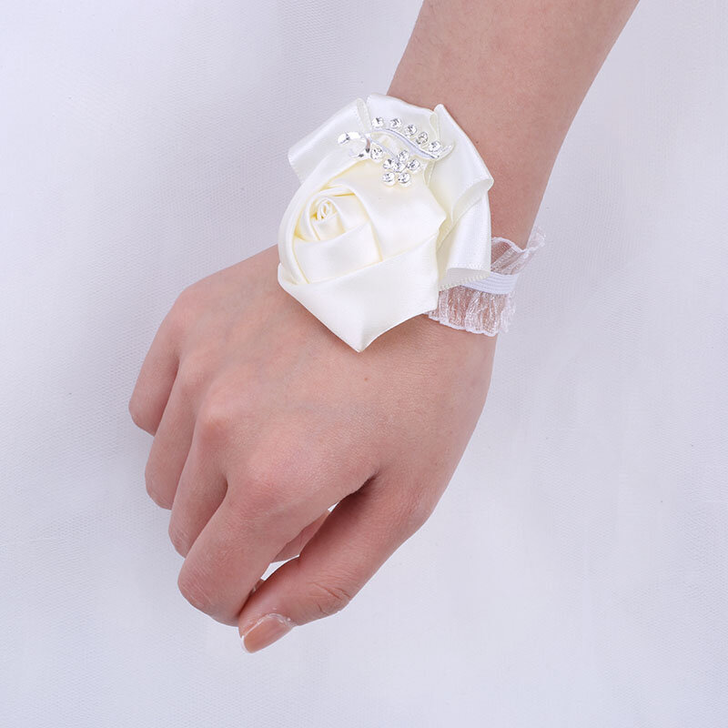 European American Bride and Bridesmaid Wrist Elastic Bracelet Wristband Corsage Rhinestone Ribbon Rose Wedding Supplies SW1300