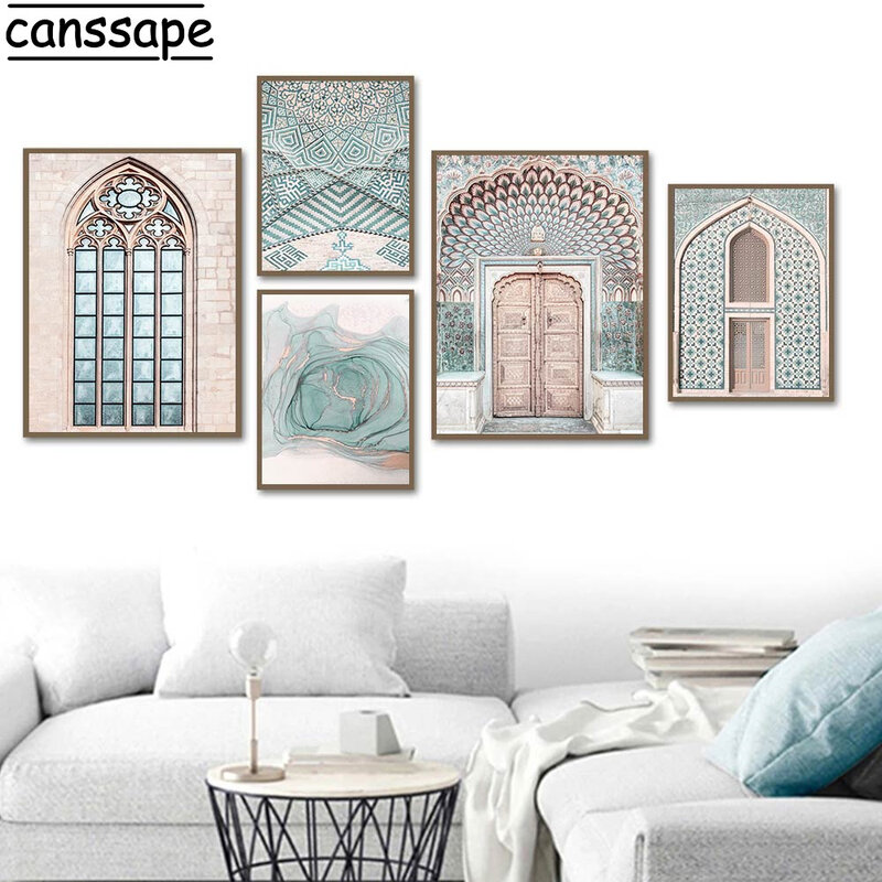 Carteles en lienzo de arquitectura islámica para decoración de sala de estar, pinturas de arte de pared nórdico de Marruecos, carteles e impresiones de moscanicas