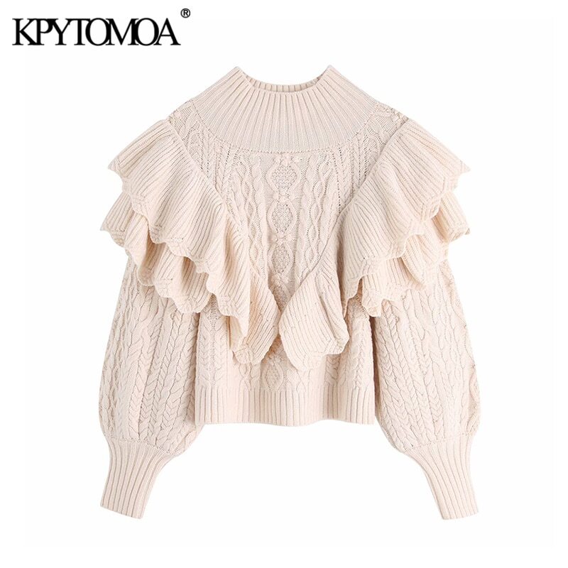 KPYTOMOA Women 2021 Fashion Ruffled Cropped Knitted Sweater Vintage High Neck Lantern Sleeve Female Pullovers Chic Tops