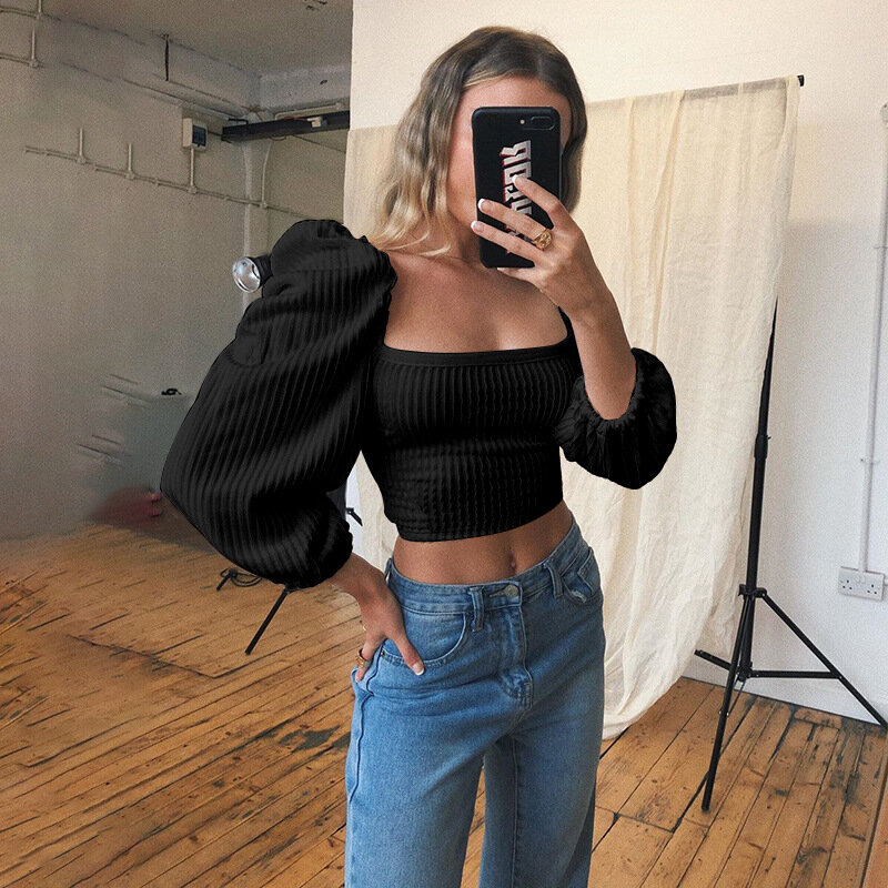 Bandage Knit Crop Top Women Summer Puff Sleeve Blouse Cotton Bowknot Lace Up Backless Sexy Square Collar Ins Black White T-shirt