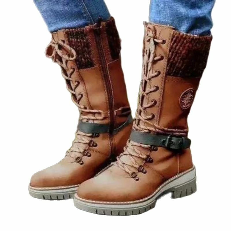 2021ฤดูหนาวใหม่ผู้หญิง PU เย็บลูกไม้ Zipper กลางรองเท้ากันน้ำรองเท้าสบายขายร้อน5KE313