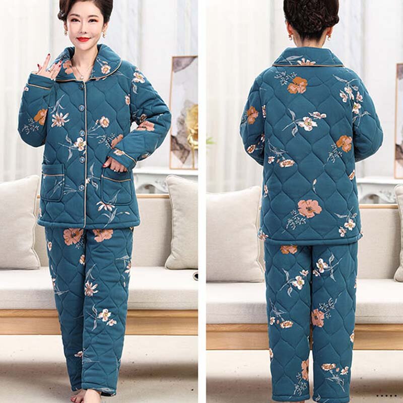 Thuis Midden-Leeftijd Vrouwen Pyjama Winter Vrouwen Pyjama Vrouwen Sets Nieuwe Casual Print Drie Lagen Dikker Warm Twee-stuk Pak NBH543