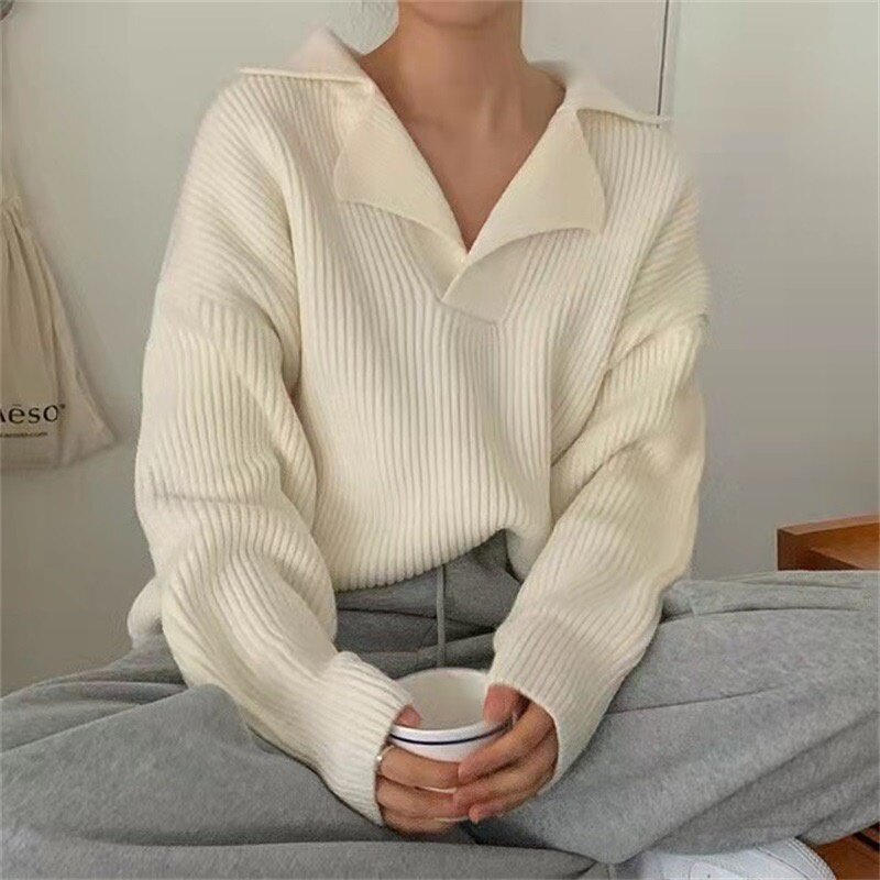 Women's Pullover Sweaters Casual Long Sleeve Pullover Sweater Loose Knit Lapel Oversized Sweater