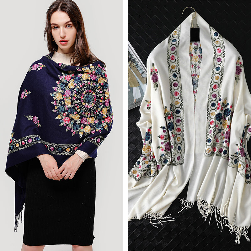 Gruby ciepły szal kaszmirowy 2022 zimowy szalik dla kobiet koc Hijabs haft fular moda damska paszmina chustka nowy