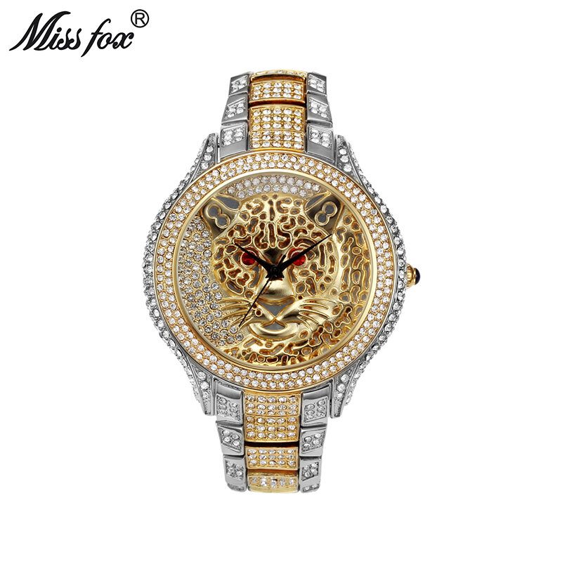 Miss fox relógio masculino de luxo, relógios de marca top de luxo tigre, relógio de quartzo enrugado choque casual genuíno de ouro ou prata, relógio de pulso para homens