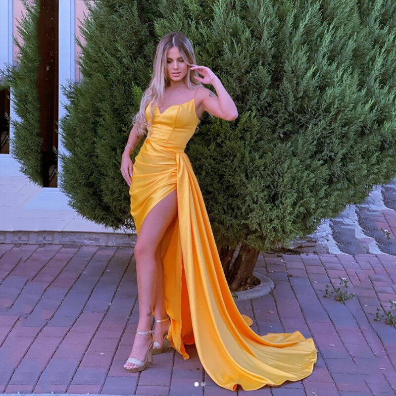 Thinyfull Formal Evening Dresses Sexy V-neck Satin High Split Prom Dress Spaghetti Straps Yellow Party Gowns Saudi Arabia Dubai