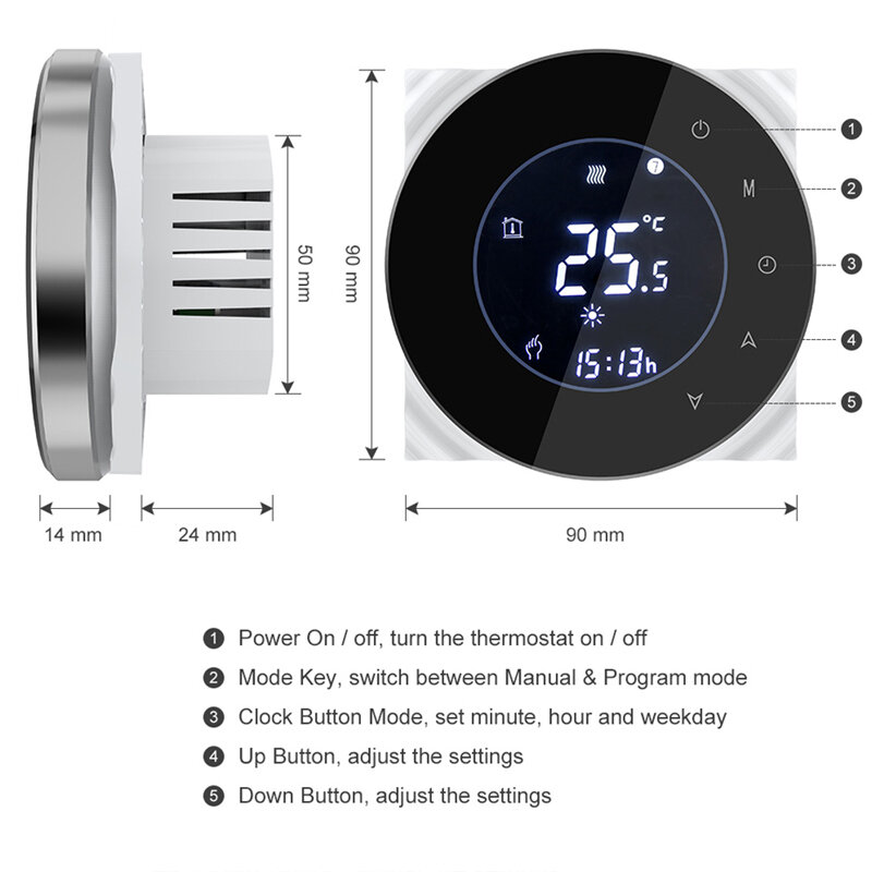 Thermostat pour chaudière à eau et gaz, rétro-éclairage, WIFI, écran tactile LCD, Programmable, 3a, fonctionne avec Alexa Google home, BHT-6000-GCLW
