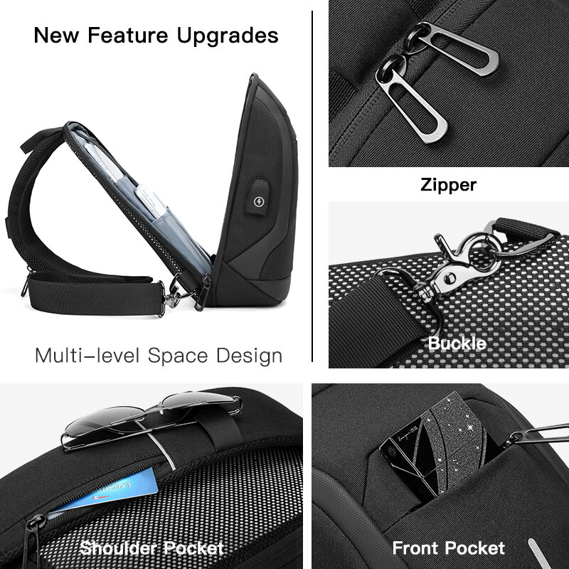 OZUKO-Bolso cruzado con carga USB para hombre, bandolera masculina informal, resistente al agua, con cremallera de alta calidad