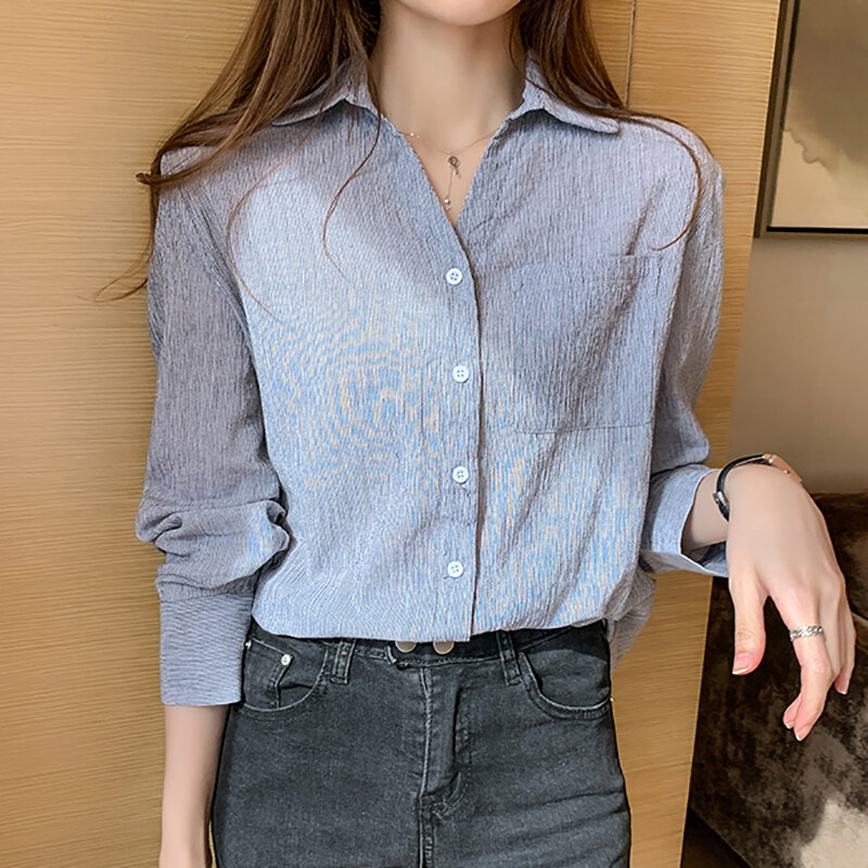 Shintimes Chemisier Femme Bergaris Kantong Lengan Panjang Blus Wanita Kaos Kaos Wanita Pakaian Tombol Wanita Kemeja Wanita Atasan