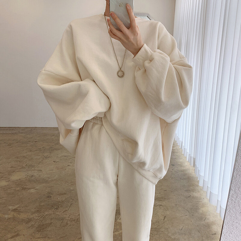 Women's Sweatshirts Suit Korean Autumn Simple Round Neck Pullover Loose Sweater High Waist Leg Tied Casual Pants Sports Suit