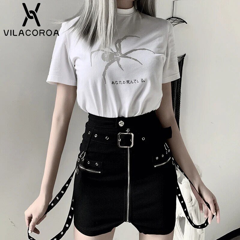 White Round Neck Cotton Tee-Shirt Women Short-Sleeve Straight Base Shirt Tops Spider Pattern Gothic Tshirt Female Dark Clothing