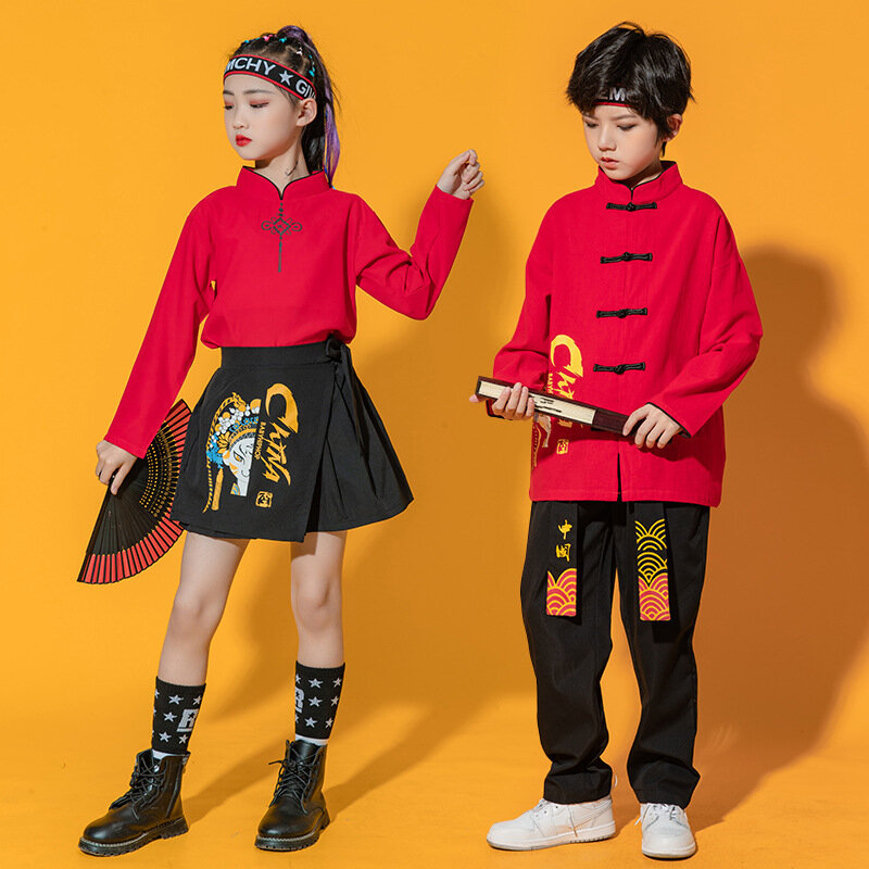 Baju Merah Hanfu Tahun Baru Tradisional Tiongkok Rok Celana Hitam Atasan untuk Anak Perempuan Anak Laki-laki Baju Kostum Pertunjukan Tari Panggung