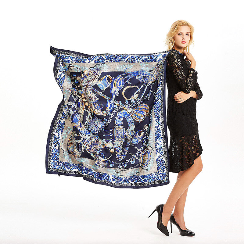 Lenço de seda designer de luxo 130cm, cachecol de tamanho grande, 130*130cm de sarja de seda, echarpe feminina com estampa de foulard