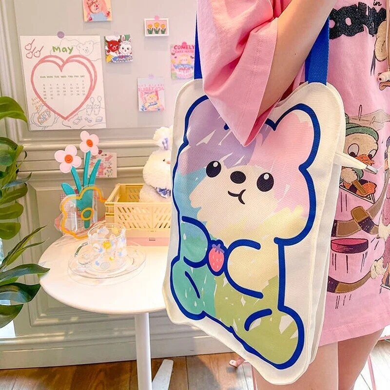 Xiuya harajuku bonito das mulheres bolsa de ombro 2021 estilo japonês jk lolita bolsa de lona urso criativo dos desenhos animados impressão anime shopper bolsa