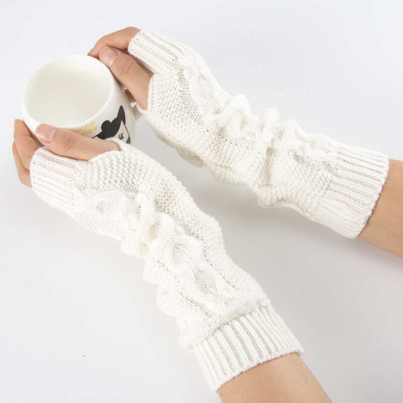 LANMREM Women's Winter Thick Twist Pattern Exposed Finger Half Finger Wool Gloves Knitted Warm Arm Cover Female Fashion 2C761