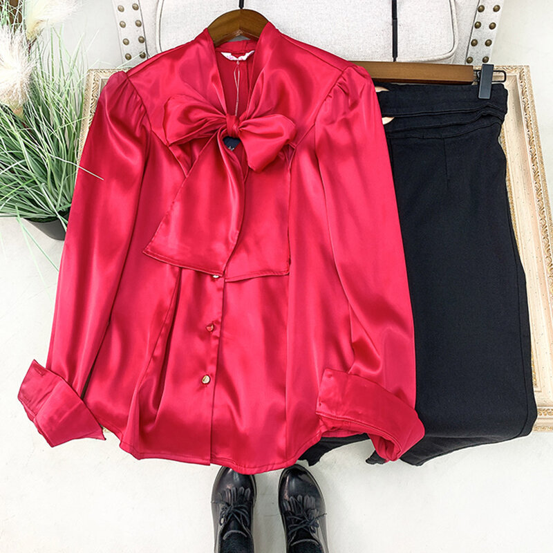 Vintage rojo de satén lazo camisa blusa elegante, las mujeres camisa de manga larga OL estilo de la princesa primavera otoño Casual Tops mujer