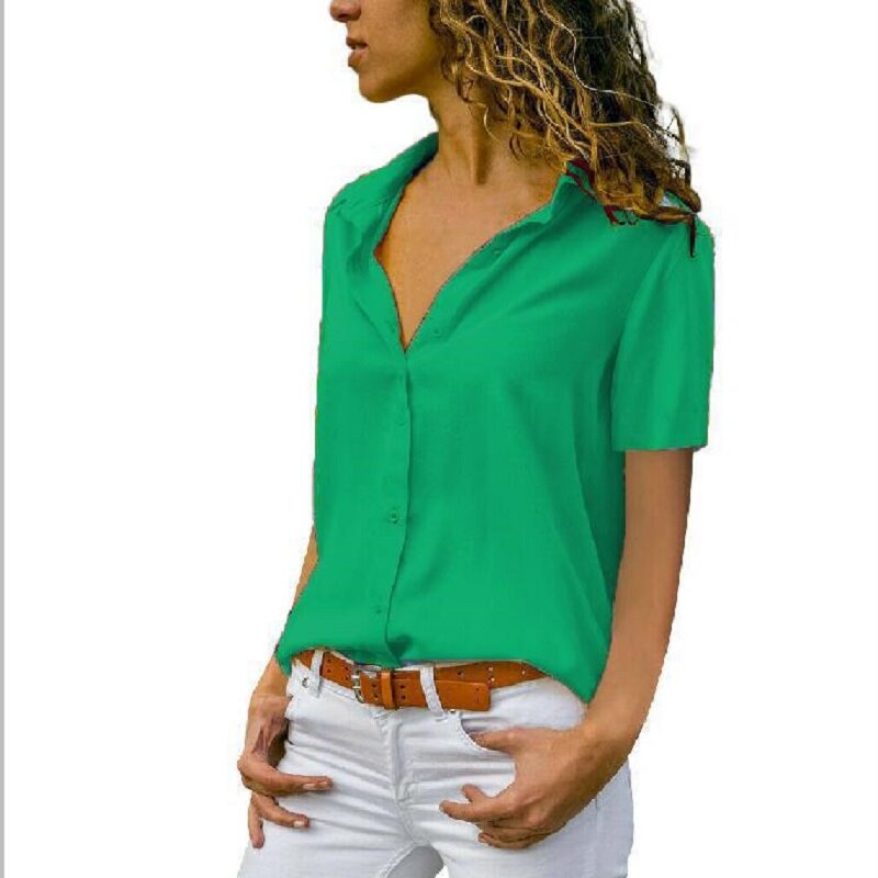 ฤดูร้อนสั้นแขนเสื้อผู้หญิงเสื้อทึบVคอเสื้อชีฟองสีขาวMujerทำงานSlimเสื้อPlusขนาด5XL Lapel blusa