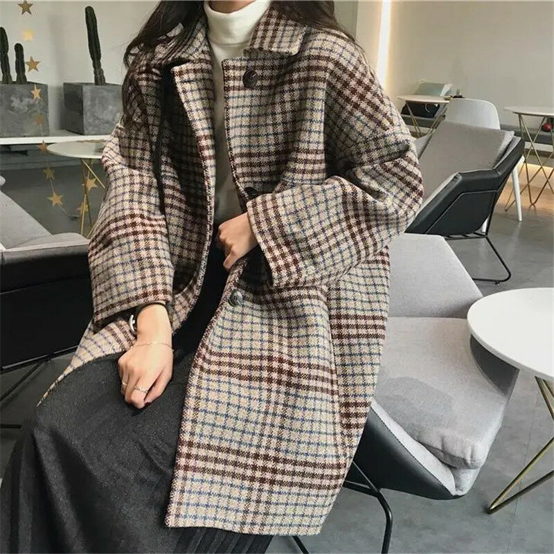 Inverno lã e misturas feminino outerwea xadrez de cintura larga único breasted estilo coreano vintage fino all-match lazer terno casacos