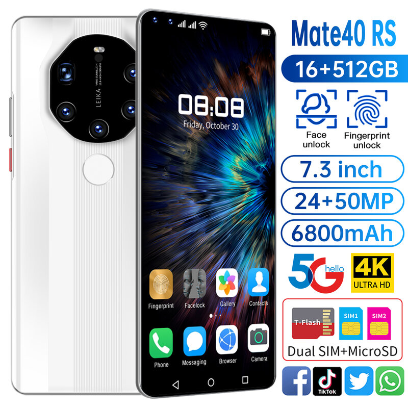 2021 New Huavei Mate40 RS Global Version Smartphone 16G 512G Android10 Face ID Finger Print  6800mAh Snapdragon Mobile Phone