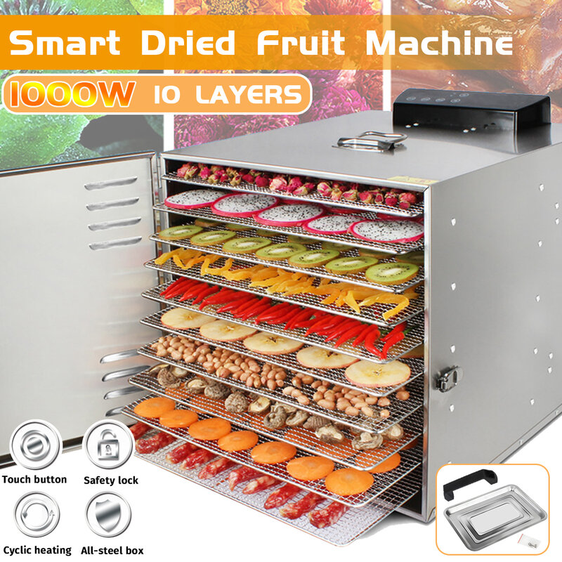 Deshidratador secador de frutas de acero inoxidable, 10 bandejas, 1000W, para frutas, carne, electrodomésticos, máquina de secado de carne