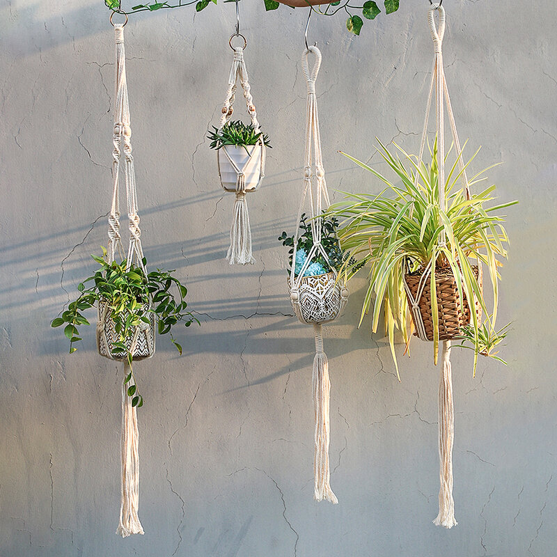Macrame Plant Hangers Indoor Hanging Planter Basket with Wood Beads Decorative Flower Pot Holder No Tassels for Indoor Outdoor H