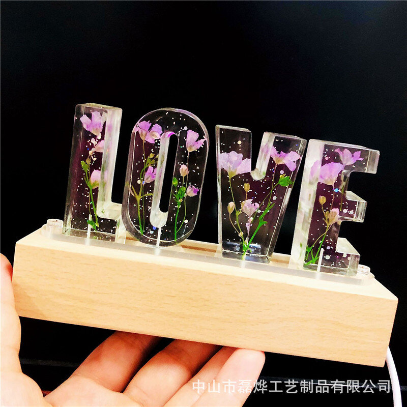 Flor seca luz nocturna amor letras personalizadas Base de madera Decoración de mesa para el hogar Día de San Valentín aniversario fiesta de boda