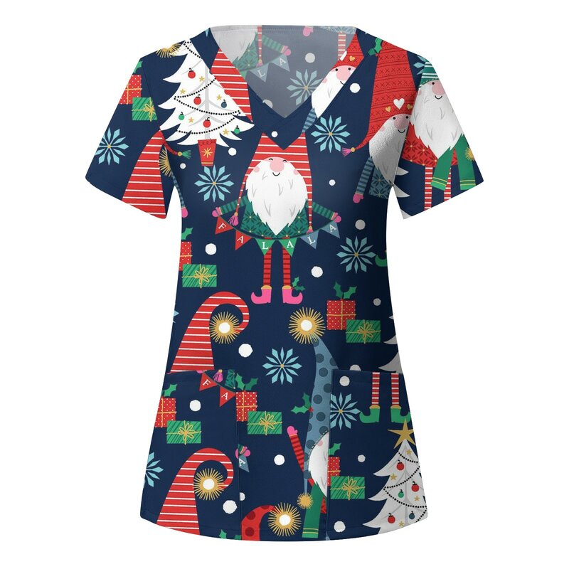 Blusa de enfermera con estampado de dibujos animados para mujer, uniforme de trabajo con cuello en V, manga corta, con bolsillo, para Navidad y acción de gracias