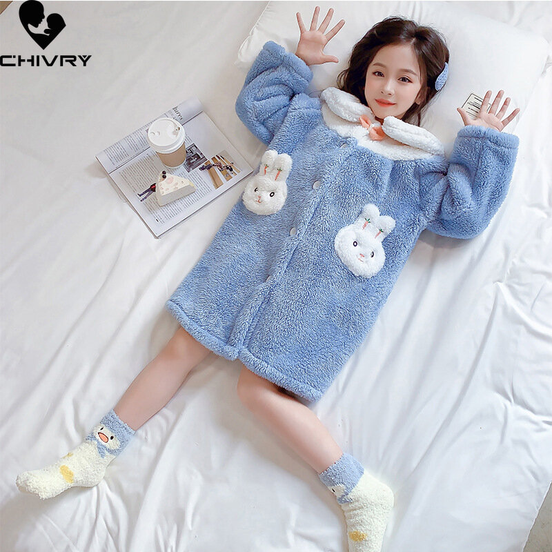 Pijamas de franela de conejo para niños, bata de baño gruesa de manga larga, para el hogar, otoño e invierno, novedad