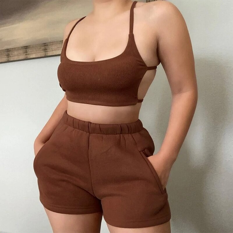 Solid Casual Two Piece Sets Women Backless Sleeveless Top And Side Pockets Shorts Matching Set Summer Athleisure Outfits