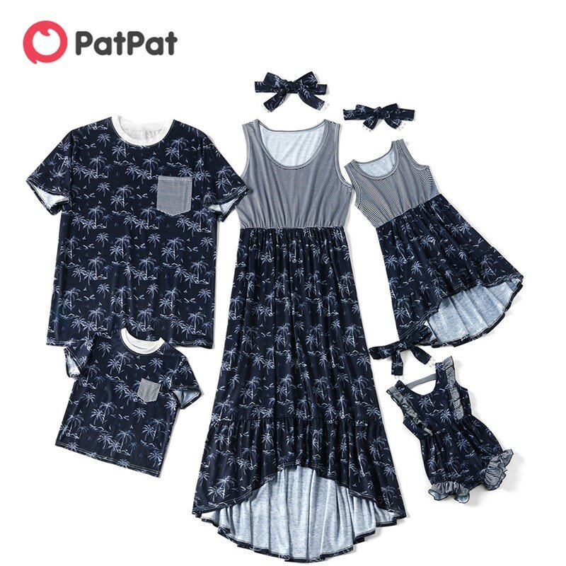 PatPat – T-shirt et barboteuse assortis pour la famille, vêtements d'été, bleu Royal, noix de coco, débardeur, sans manches, tenue de famille