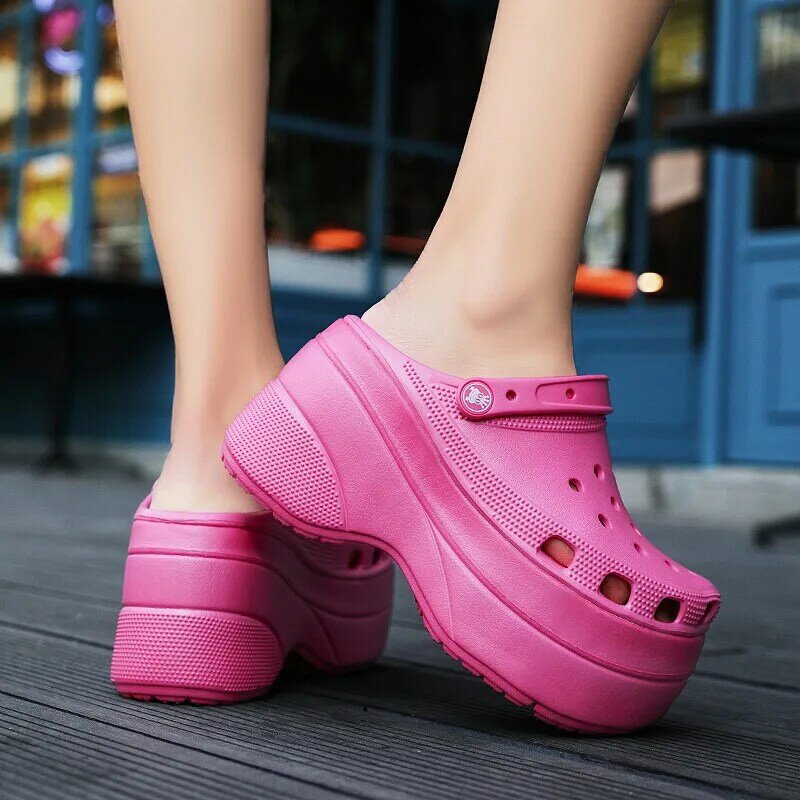 Hot Pink High Heels Sandals Women Clogs Summer 10cm Increase Platform Sandals Non-slip Woman Wedge Sandals Fashion Garden Shoes