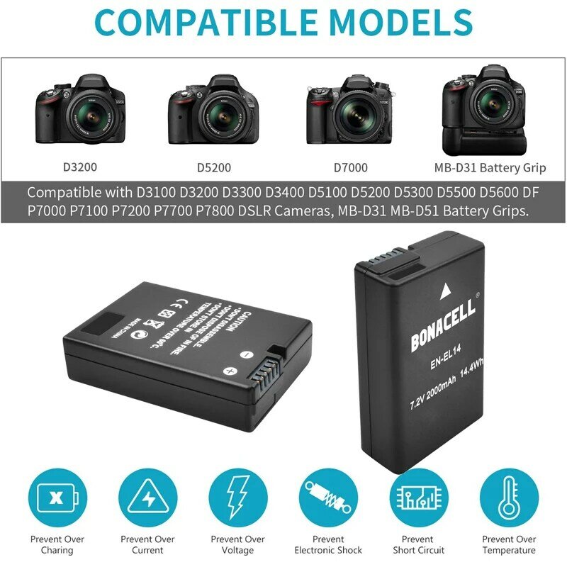 2000mAh EN-EL14 EN-EL14A ENEL14 Batterie für Nikon D3100 D3200 D3300 D3400 D3500 D5600 D5100 P7700 P7800 + LCD Batterie ladegerät L50