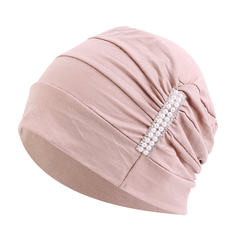 Turban à perles pour femmes musulmanes, écharpe longue, chapeau indien plissé