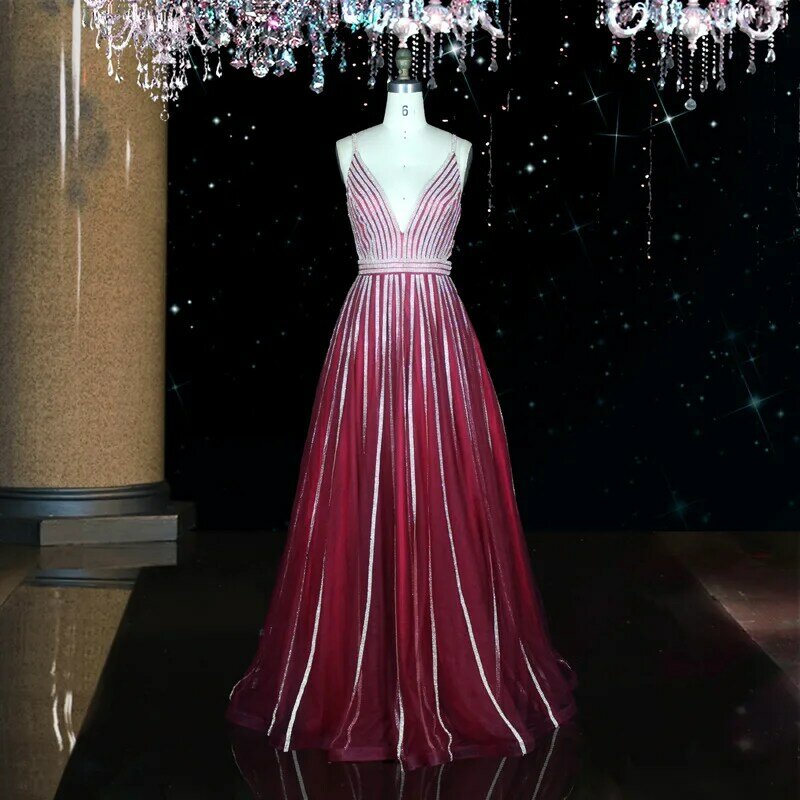 Beading Prom Dresses 2020 V neck Spaghetti Straps Sleeveless Evening Gown A-line Backless Red Evening Gown Vestido De Festa