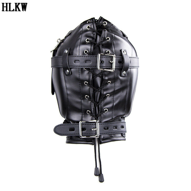 Women's Black Leather Mask Sex Fetish Male Cosplay Slave Choking Game Port Ball Adjustable PU Masks Cosply Toy Mask For Couple