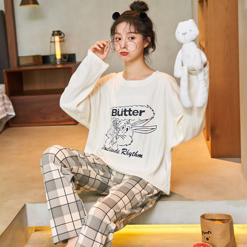 Pj Sets For Women Cotton Sleepwear Spring Autumn Women's Sleep Loungewear Woman Long Sleeved Pajama Set Cartoon Pyjamas Fashion
