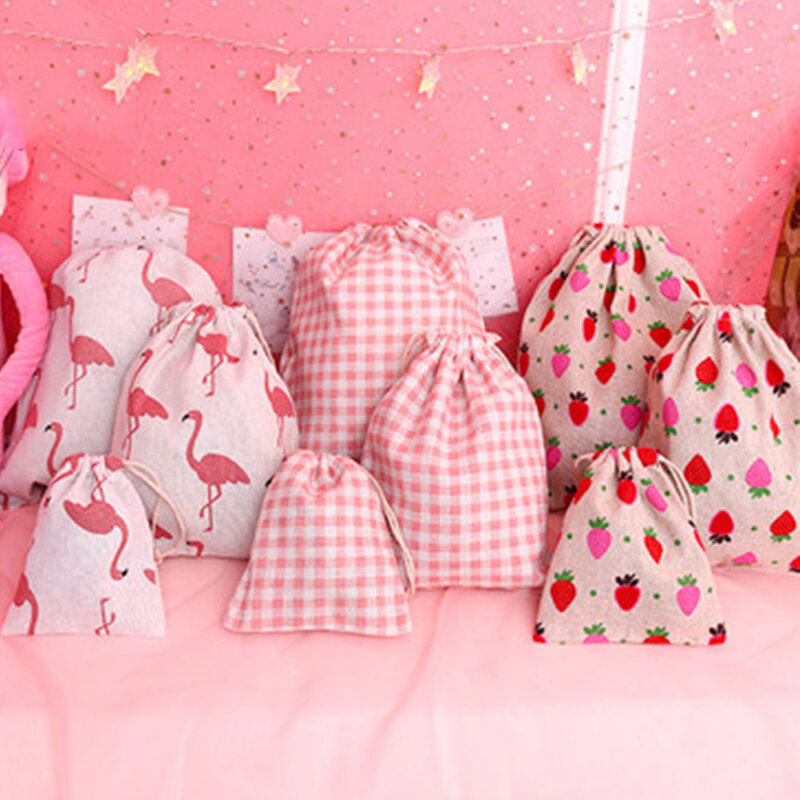 Handgemaakte Katoen Opslag Flamingo Aardbei Patroon Pakket Tas Trekkoord Tassen Reizen Vrouwen Kleine Make Doek Zakje