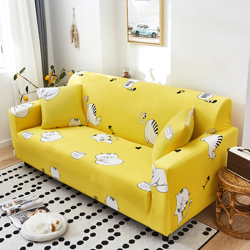 All-Inclusive Classic Yellow Elastic Cartoon Pattern Spandex Fabric Living Room Adjustable Sofa Cover With Rest Armrest1234 Seat