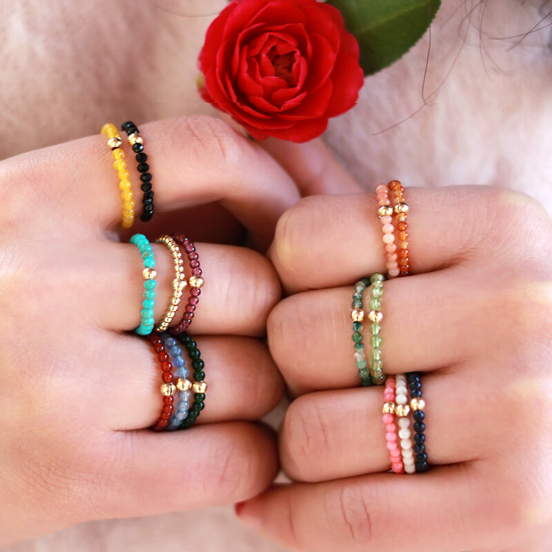 Kamień naturalny kryształ energia 2MM okrągłe koraliki pierścionki dla kobiet prosta regulowana obrączka czeska biżuteria