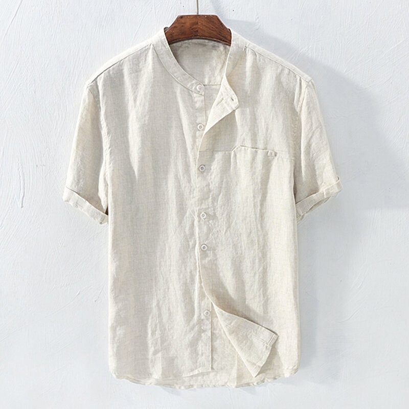 男性用半袖シャツ,ボタン付きリネンとコットン,折り襟,ルーズ,半袖,ラージ,ポケット付き,5XL,2021