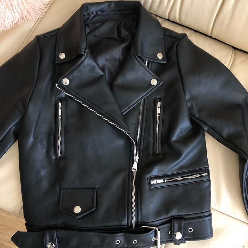 Ailegogo-chaquetas de cuero con cremallera para mujer, abrigo básico con cuello vuelto, motociclista, color negro, con cinturón