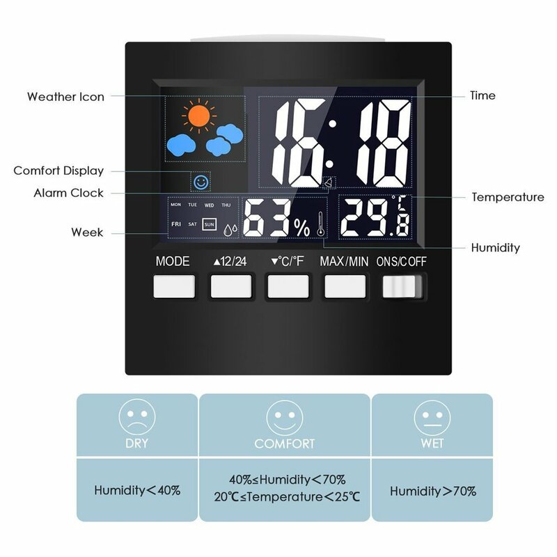날씨 시계 컬러 스크린 새로운 디지털 디스플레이 온도계 습도 시계 다채로운 LCD 알람 달력 날씨 팝